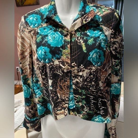 Baby Phat vintage blue turquoise brown floral cropped jacket with logo Sz S - Picture 3 of 15